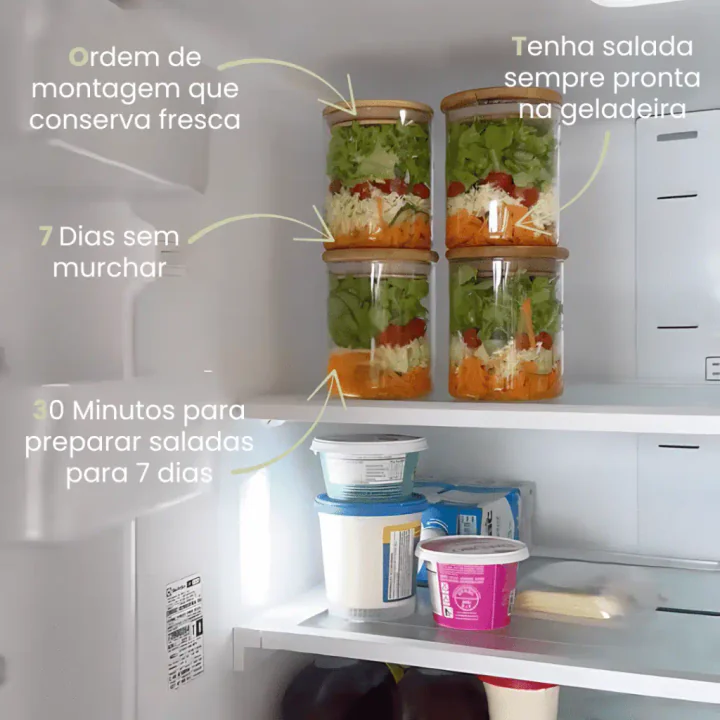 Saladas em potes organizadas na geladeira