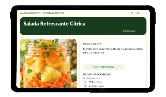 Tablet mostrando as páginas do material, com fotos das saladas, ingredientes, ordem das camadas e preparo passo a passo